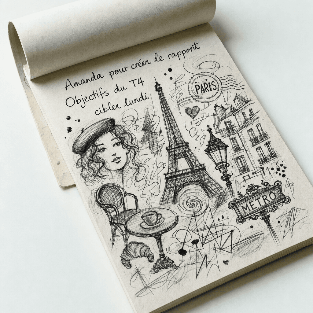 Un carnet manuscrit couvert de mots-clés et de croquis