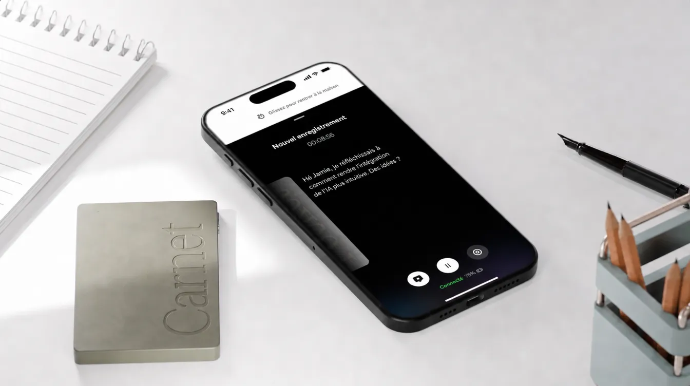 Carnet posé près d’un téléphone affichant un nouvel enregistrement